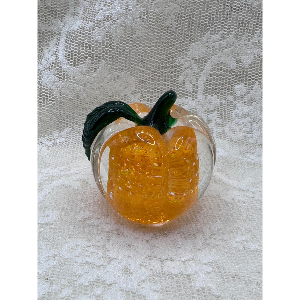 Lenox Art Glass Pumpkin Paperweight Orange Controlled Bubble Green Stem